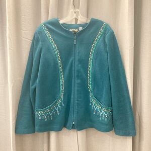 Bob Mackie Wearable Art Fleece Zip Up Jacket Teal Embroidered Size Large